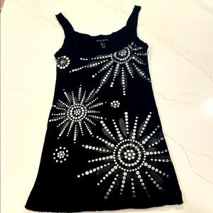 FANG Black Tank Top with Silver Floral Design